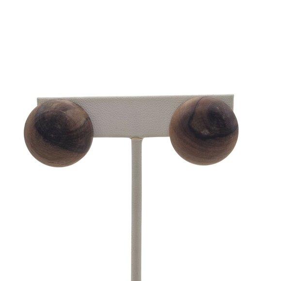 VTG Clip On Earrings Round Hugger Brown Brushed Wood Boho Cottage Core Chunky - Picture 6 of 10